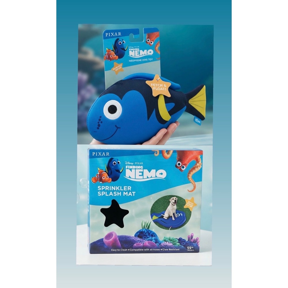 Set of Disney Pixar Finding Nemo Dory Sprinkler Splash Mat 59in & Float Dog Toy